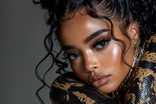 Beautiful woman with curly hair poses confidently with a python in a studio setting