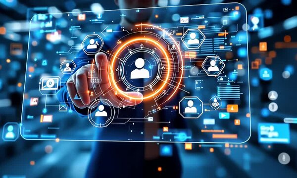 Businessperson interacts with digital interface; data management; city background; tech solutions