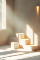 This is a modern, minimalist living space. The design emphasizes clean lines and abstract shapes, with a focus on sunlight streaming in through the window to create a bright and serene atmosphere.