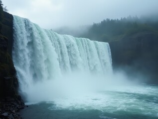 Massive waterfall cascading down a misty mountainside