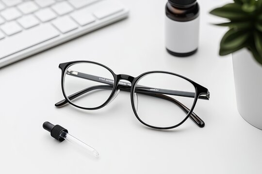 Black eyeglasses on a white desk surrounded by a dropper, a bottle, a plant, and a keyboard, creating a minimalist and modern workspace setup.

