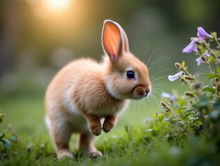 Fototapeta premium Adorable baby rabbit hopping in the garden exploring plants and sniffing flowers