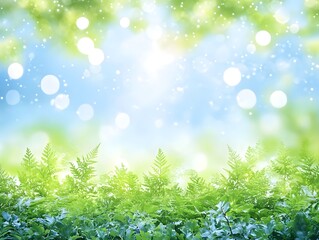 Obraz premium A serene summer composition of blurred greenery and radiant sky illuminated by gentle light spots.