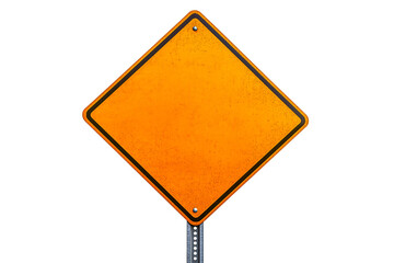 Orange metal sign with blank space on a pole, isolated on transparent background