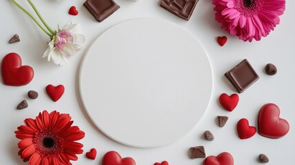 A clean white circle framed by red hearts, colorful flowers, and chocolates in an aesthetic flat lay, perfect for romantic designs