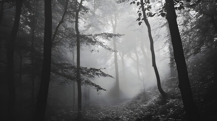 Obraz premium A dense forest with mist clinging to the ground. Shapes move silently among the trees, and faint whispers drift on the breeze.