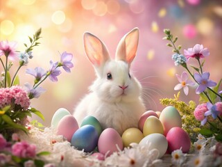 Pastel pink rabbit blends with blooming spring flowers, a whimsical double exposure Easter egg hunt scene.
