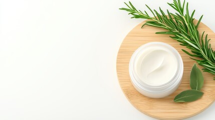 Natural Skincare Cream with Fresh Rosemary on Wooden Plate