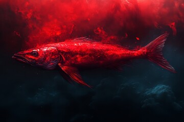 Vibrant Red Fish Swimming Through A Dark Underwater Environment, Showcasing A Dramatic Contrast And Unique Color Palette.