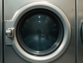 Industrial washing machine door is closing, preparing for laundry cycle