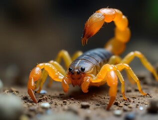 Venomous scorpion raising stinger in defensive position
