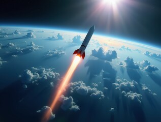 Obraz premium Rocket launching from earth atmosphere with sun shining