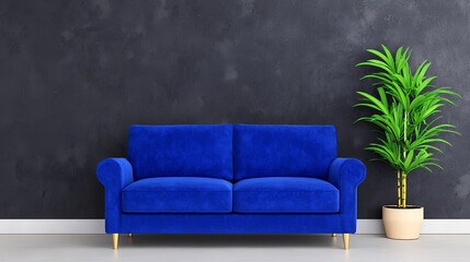 Obraz premium Modern Living Room With Deep Blue Couch And Textured Wall