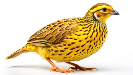 Fototapeta premium Retro photo of a lone yellow-feathered quail, isolated on white, showcasing vintage wildlife photography.