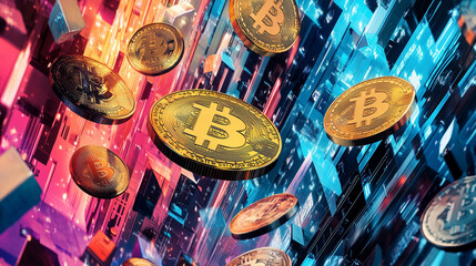 Fototapeta premium A futuristic, sleek digital theme representing cryptocurrency and blockchain technology. The design features glowing golden bitcoins, holographic charts, and a tech-inspired background