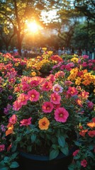 Obraz premium Vibrant Flower Garden At Sunset