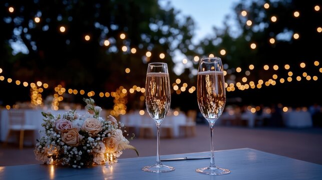 Two champagne glasses against a backdrop of twinkling lights set an elegant ambiance, perfect for a celebration or intimate gathering.
