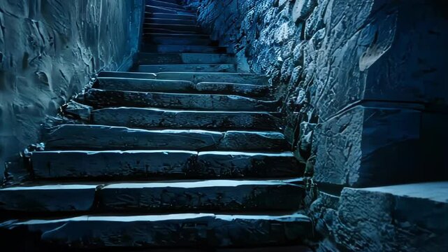A dimly lit stone staircase leading upward, creating a mysterious and atmospheric setting.