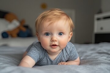 Fototapeta premium A cute baby lying on the bed, with pale skin and light hair