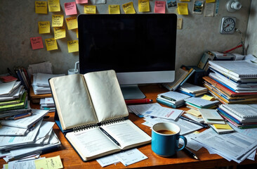 A cluttered desk with an open notebook, computer, and coffee mug on it, scattered papers, and post-it notes stuck to the wall behind it.