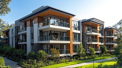 Modern Apartment Building Complex Landscaped Grounds
