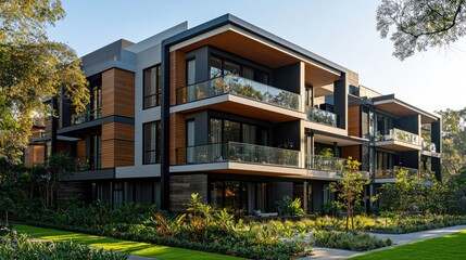 Modern Apartment Building With Lush Landscaping
