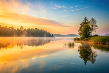 Obraz premium Serene dawn mists veil a tranquil lake, minimalist beauty.