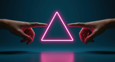 Hands reaching for neon pink triangle on dark background