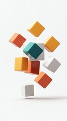 Obraz premium Colorful cubes floating in air on white background, abstract geometric concept.
