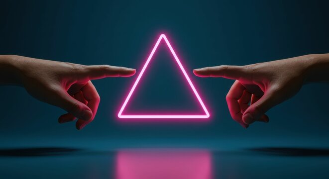 Hands reaching for neon pink triangle on dark background