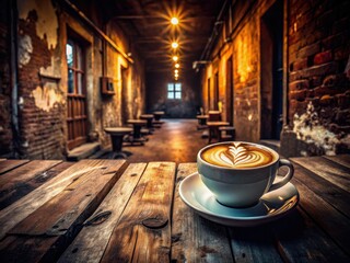 Steaming latte art graces a rustic wooden table in a trendy urban coffee shop.
