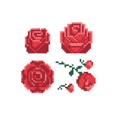 Roses pixel art 80s style beautiful flowers icons set. Design for stickers, logo shop, embroidery, mobile app. Red rose icon isolated vector illustration. 8-bit.