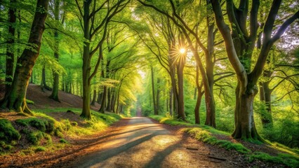 Soft sunlight filtering through leafy branches of trees onto a winding forest path creating dappled shadows and highlighting natural beauty of woodland scene , forest, path
