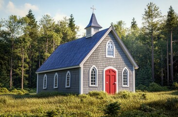 Fototapeta premium Small gray chapel with a red door and blue roof, exterior view, green grass lawn in front of the building, trees on one side of it