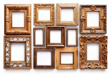 Nine Empty Rustic Wooden Picture Frames Isolated on White Background - Perfect for Mockups & Design