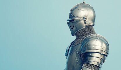 Armored knight in shimmering metal. Reliable protection and insurance services. Space for text