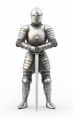 Medieval knight clad in complete armor, holding a sword, set against a white background. 3D rendering