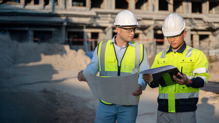 Two Asian engineer working at site of a large building project,Thailand people,Work overtime at construction site,Team of engineer discus at site