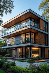 Fototapeta premium Modern three story house with wooden siding and glass balconies