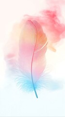 Obraz premium Double Exposure A delicate feather gently floats amidst soft watercolor hues of pink and blue.