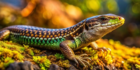 Naklejka premium Northern Alligator Lizard Basking on Mossy Rock - Panoramic Close-Up