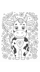 Cute Cow Mammal Coloring Kid Book Page in Black and White. Monochrome and Colored Samples

