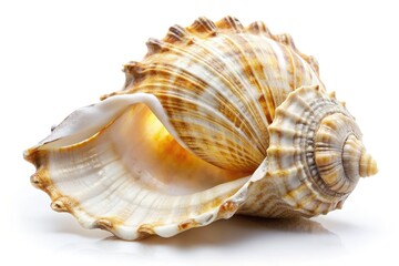 Obraz premium Time-worn seashell, fragmented, stark white backdrop, soft focus; a long exposure reveals its aged beauty.