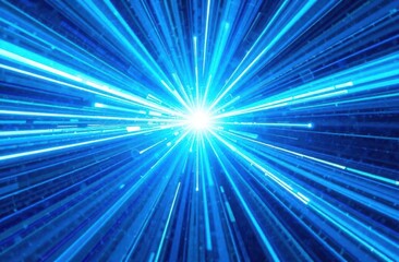 Abstract blue light speed background with laser rays and glowing flare in the center, motion blur effect