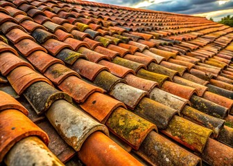 Old Clay Tile Roof, Weathered Texture, Rustic Building, Architectural Detail, Copy Space Left