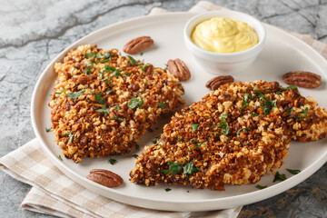Gluten free Pecan Crusted Chicken breast served with Honey Mustard Sauce close-up in a plate on the table. Horizontal