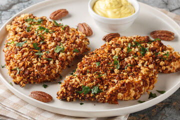 Baked Pecan Crusted Chicken breast with Honey Mustard Sauce close-up in a plate on the table. Horizontal