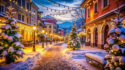Fototapeta premium Opatija Croatia Christmas Market Street Festive Lights Bokeh