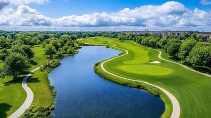 Panoramic Golf Course With Winding Lake And Residential Community