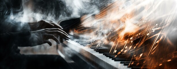 Double Exposure A musician passionately playing the piano with dramatic lighting and swirling smoke effects.
